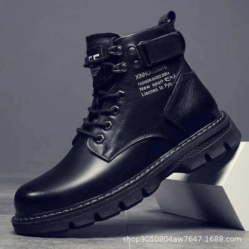 Fashion Autumn and Winter 2025 New Men's Boots Korean Version of Medium and High-top Casual Men's Shoes Fleece Thickened Leather Boots