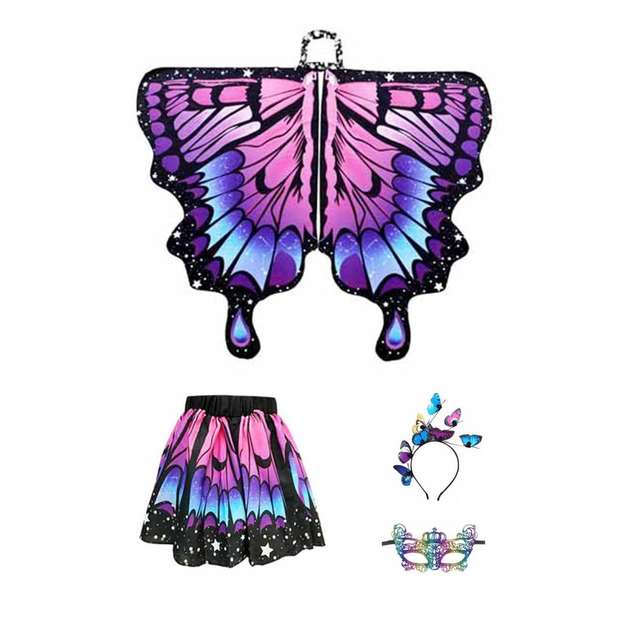 

Плащ-бабочка для детей, костюм для косплея, красочный костюм с крыльями феи, развевающимися рукавами, многослойным подолом, карнавальная юбка, повязка на голову на Хэллоуин, маска L 4pcs