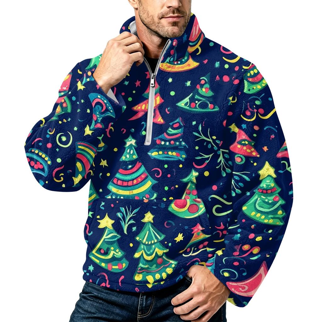 Men's Christmas Print Flannel Zip-Up Sweatshirt with Stand Collar, Plus Size Casual Top for Fall Winter
