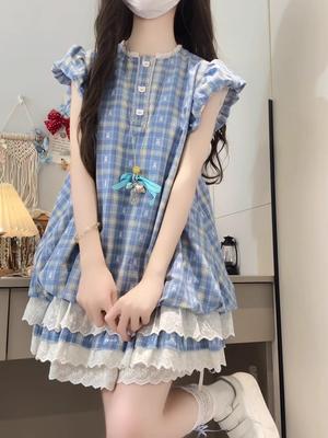 French Temperament Blue Plaid Dress for Women To Wear In Early Summer and the New Bubble Sleeve Princess Short Dress for the New Year
