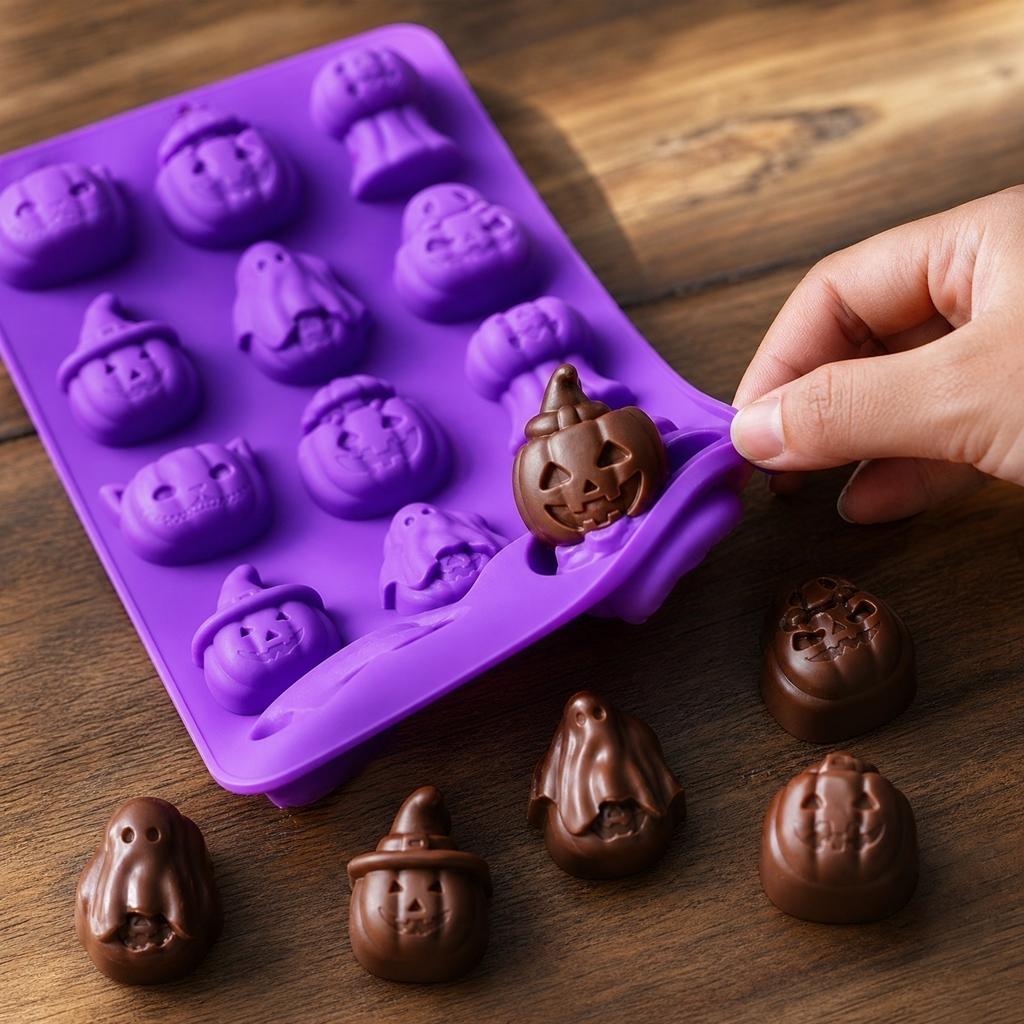 12 Cavity Halloween Silicone Mold Food Grade Flexible Non Stick Chocolate Mousse Cake Candy Baking Mold for Pumpkin Skull Ghost Shapes
