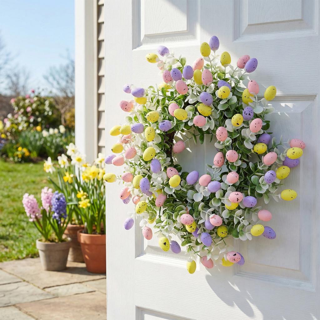 Artificial Flower Wreath with Easter Eggs Spring Wreath Hanging Decoration for Door Wall Window Festival Celebration