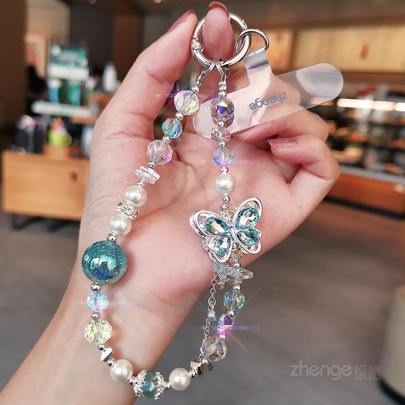 

Premium Butterfly Crystal Beads Mobile Phone Chain ins Fashion Ladies Wrist Pendant Handmade Beaded Lanyard [blue] butterfly colorful crystal bracelet