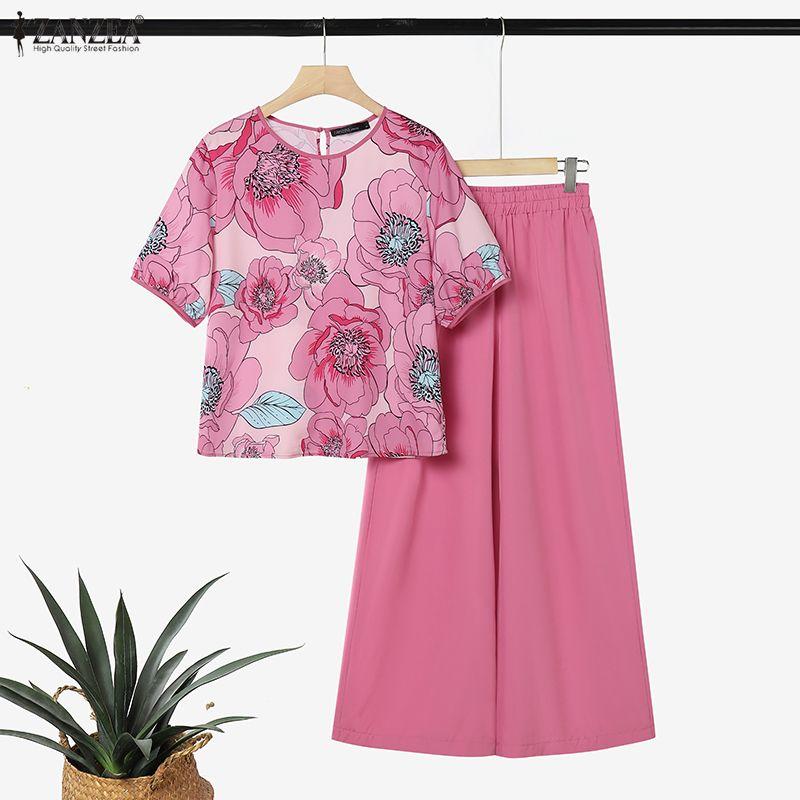 ZANZEA Damen Halbsleeve Blumenprint Bluse und Lange Hose Lässige Zweiteilige Sets