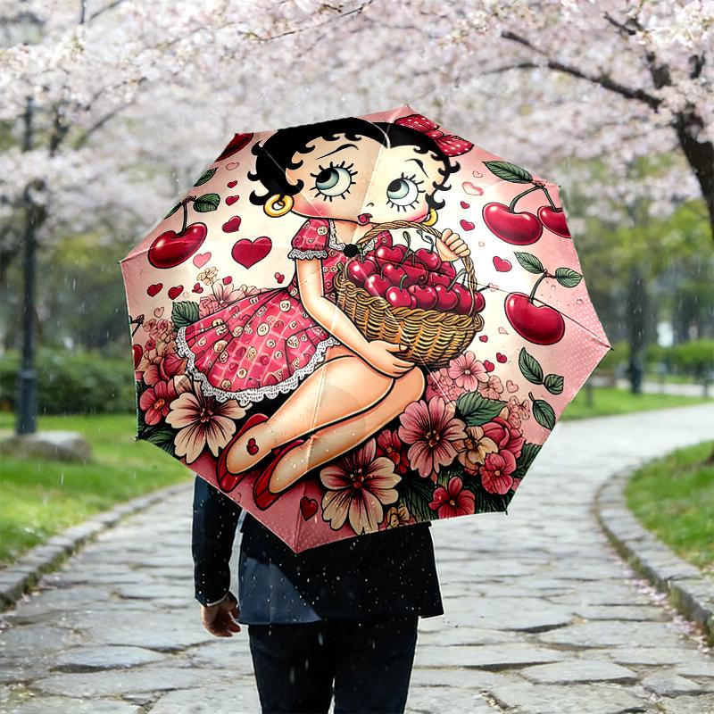 1pc Sturdy 8-Bone Auto Umbrella, Betty Boop Umbrella, Digital Printed, Foldable Umbrella for On-the-Go Outdoor Use