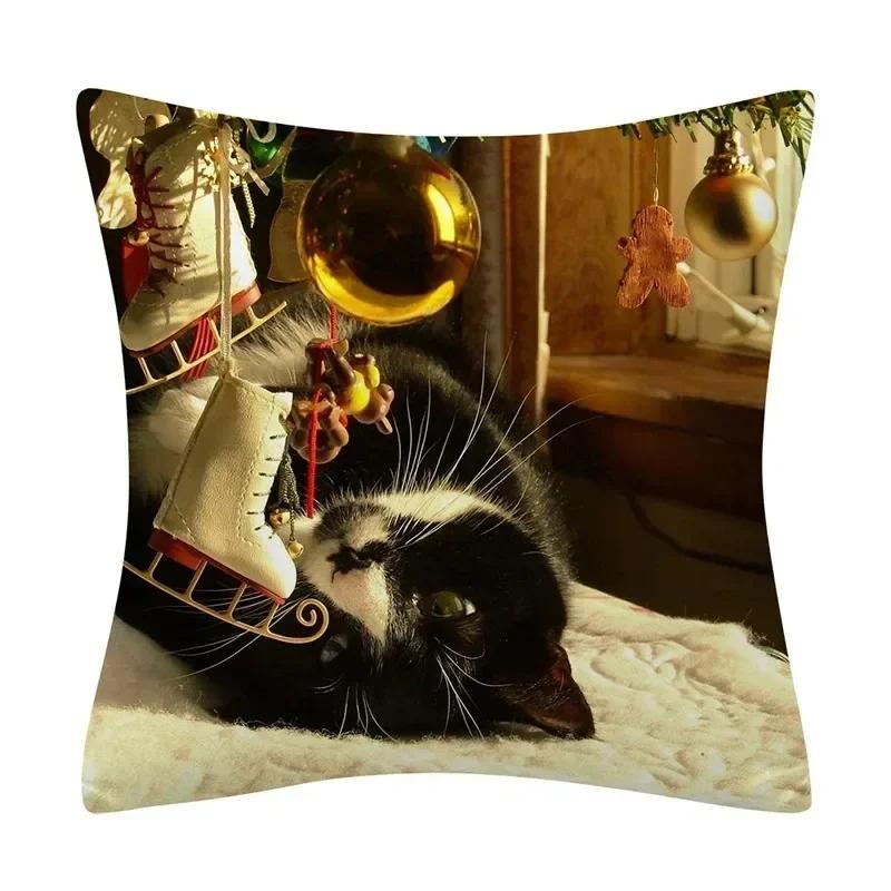 Fronhas de Natal Estampa Fofa de Animal Gato e Cachorro Capa de Almofada Decoração de Casa Sala de Estar Almofada de Sofá