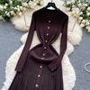 Autumn Winter Women Elegant Polo Collar Knitted Sweater Metal Button Long Maxi Split Pullover Dresses