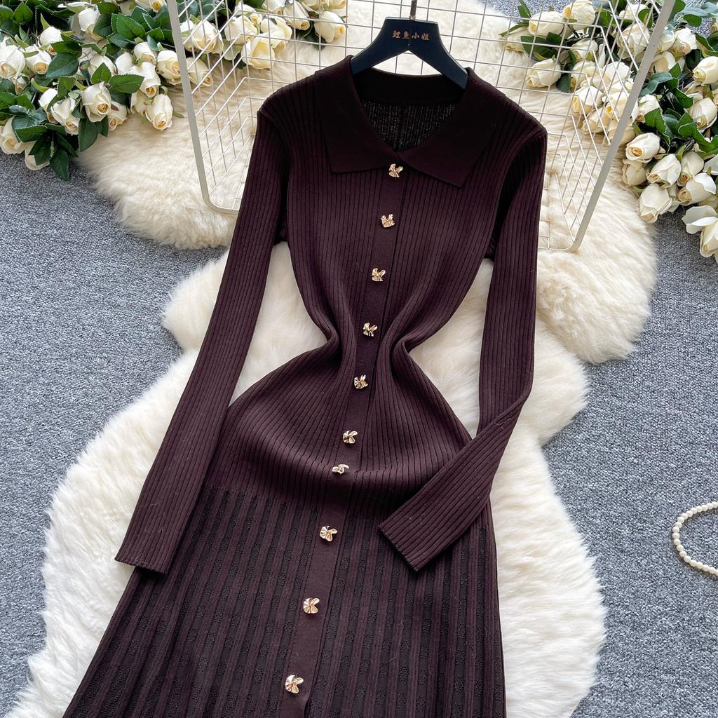 Autumn Winter Women Elegant Polo Collar Knitted Sweater Metal Button Long Maxi Split Pullover Dresses