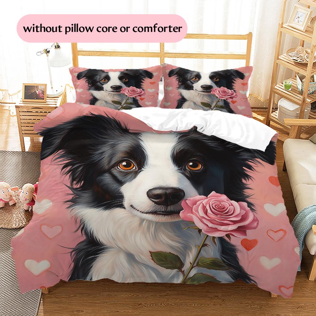 Pink Border Collie Pattern Bedding Home Decoration Birthday Gift (1 * duvet cover + 2 * pillowcase, without core)
