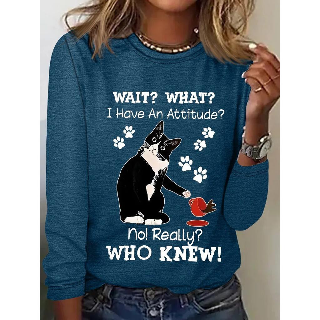 Okrągły dekolt 3D nadruk zabawny kot wzór top modny casual długi rękaw damskie koszulki