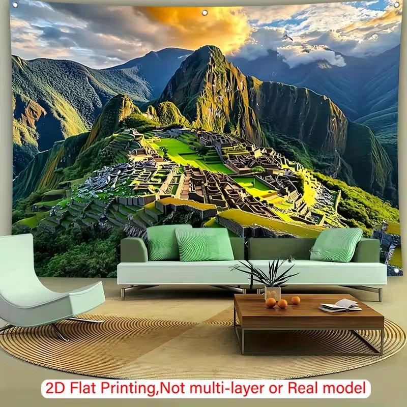 Majestic Machu Picchu Tapestry, Golden Hour Sunrise Over the Ancient Citadel and Surrounding Andean Peaks, Exotic Travel Wall Art