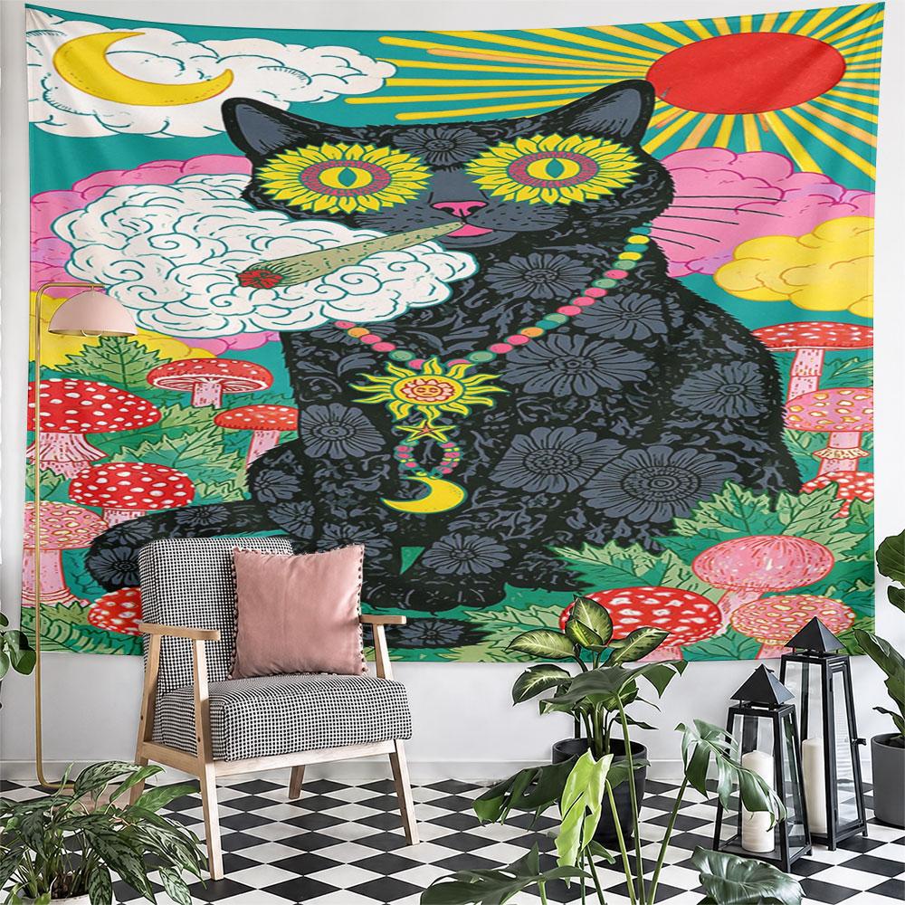 Psychedelic Cat with Sunflower Eyes Pattern Wall Hanging Tapestry Decorative Tapestry Home Decor for Bedroom and Living Room