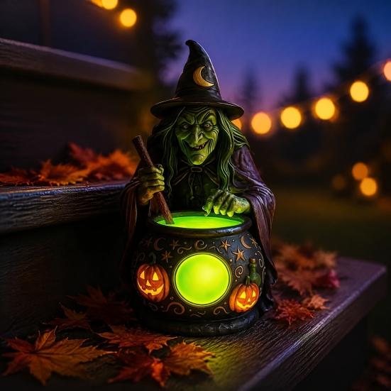 Artesanías de Resina Hechas a Mano Lámpara Caldero de Bruja de Halloween, Adorno de Estatua, Accesorios de Habitación Artísticos Decorativos Espeluznantes Luz para Escritorio Mesa