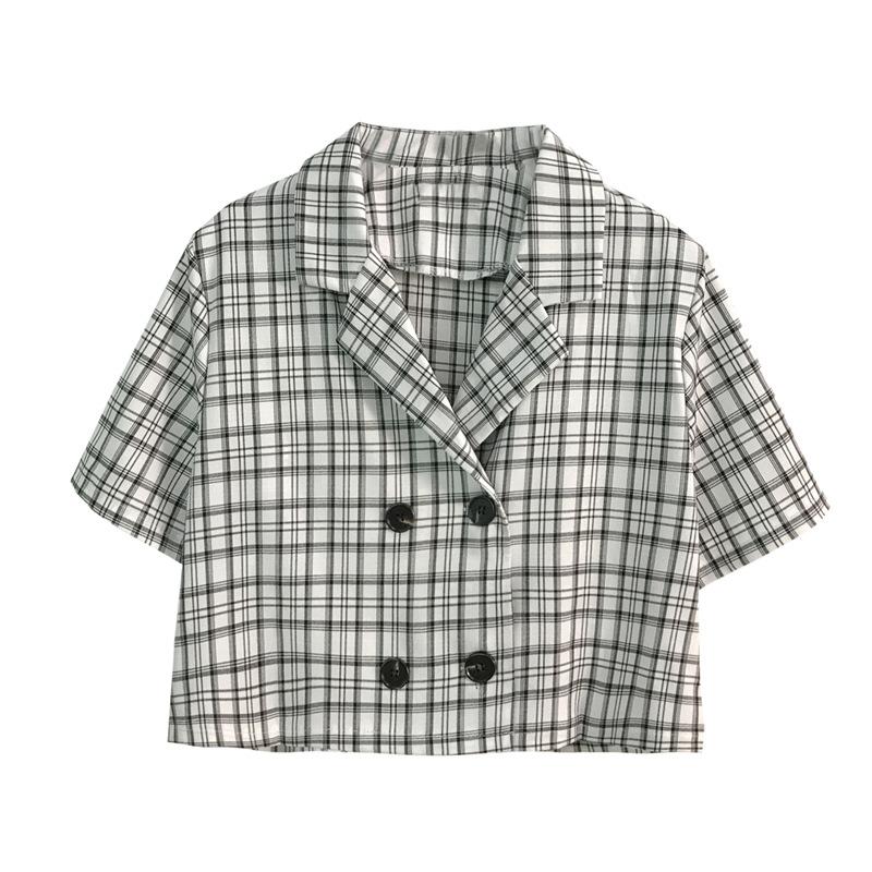 

High Waist Plaid Suit Collar Short Sleeve Shirt Small Jacket Summer Korean Style Short Slim Top for Women 2XL синій