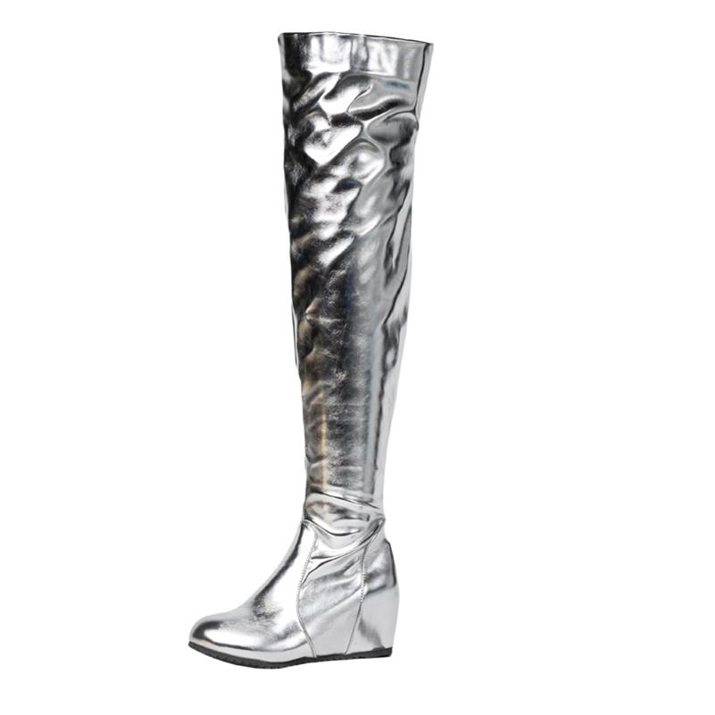 

FOREADA Женские ботфорты до бедра с круглым носком, увеличивающие рост, плиссированные, на молнии, металлические, длинные ботинки, женская модная обувь, осень-зима 43 39 серебряный