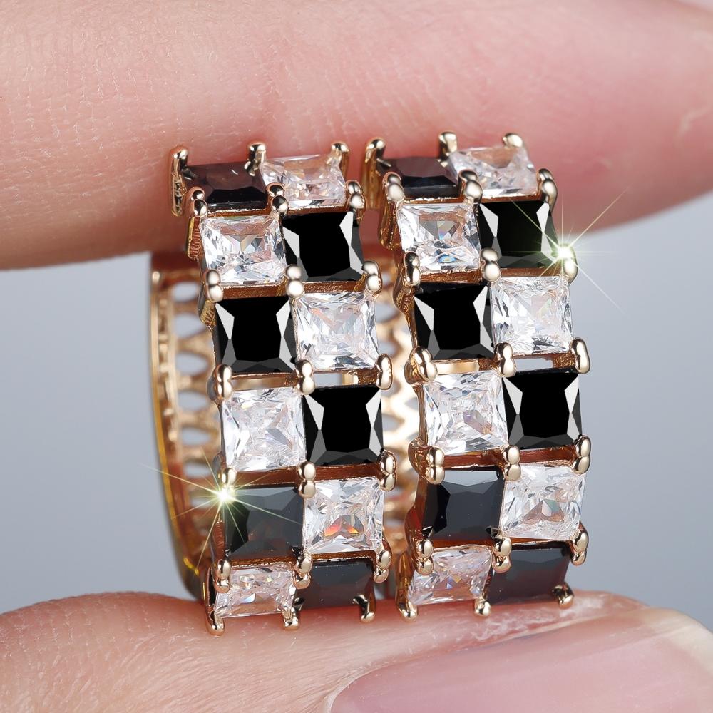 Exquisite Square White Black Zircon Chessboard Hoop Earrings for Women Vintage Golden Wedding Jewelry Gifts
