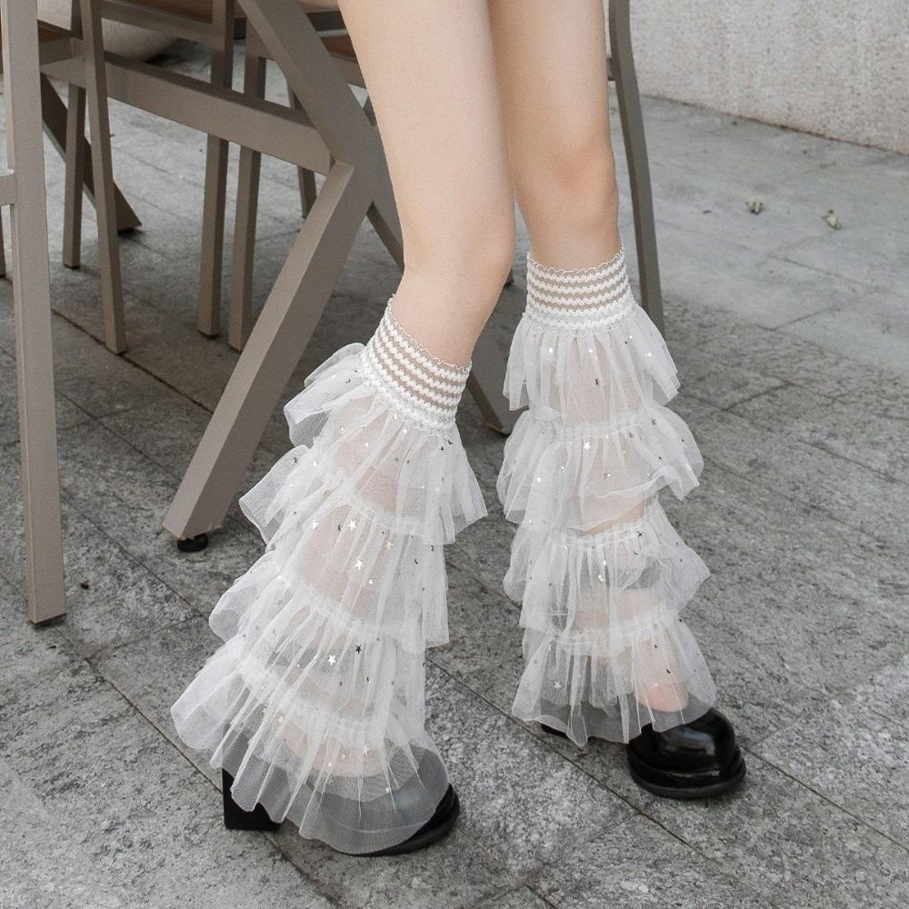 Ruffle Layered Sequins Mesh Leg Warmers Flared Design Star Sequins Knee High Stockings Lace Patchwork Boot Cover Cuffs One Size белый