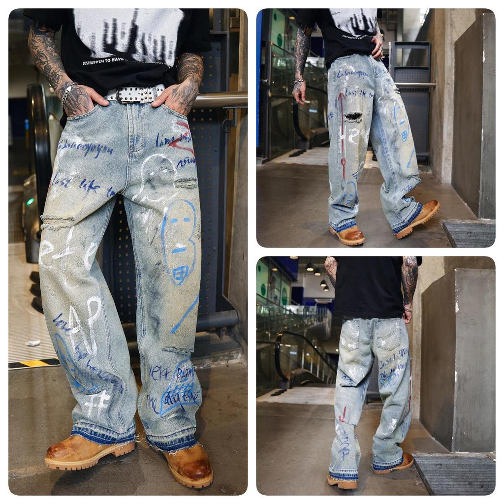 Men's 2025 American High Street Retro Distressed Graffiti Wide-Leg Jeans