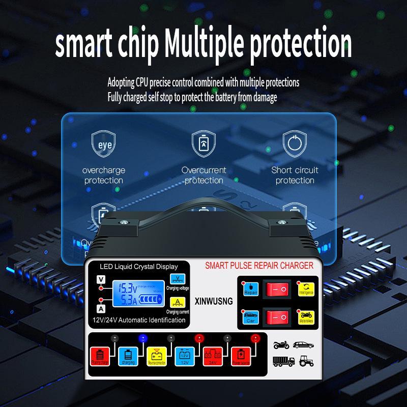 Intelligent High-Power Pure Copper Pulse Repair Charger for 12-24V Motorcycle Batteries