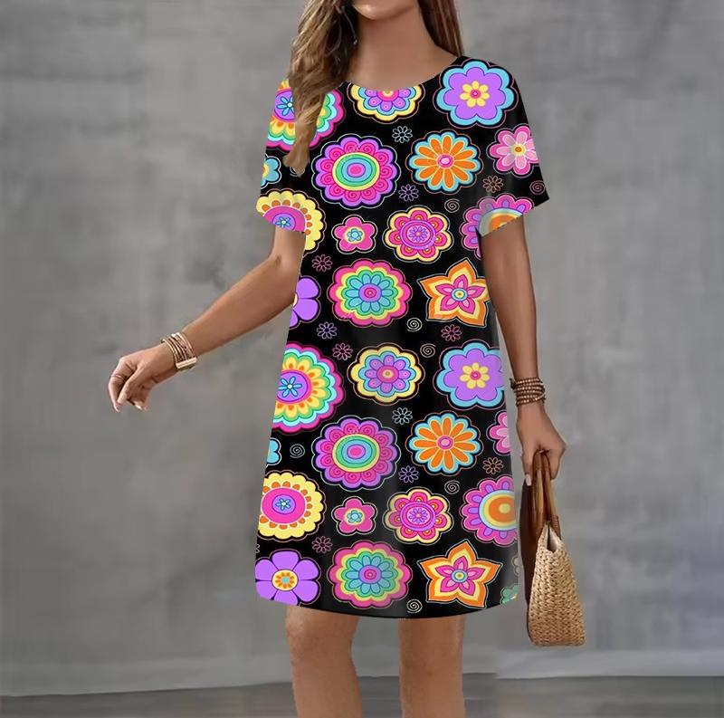 Modisches 3D-Druck Sommerkleid Locker Lässig Kurzarm Rundhals Minikleid