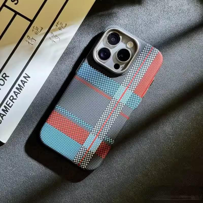 Kevlar Texture Magnetic Phone Case for Apple 17 Pro Max with Mountain & Starry River Design, Plaid Hard Protective for Apple 15