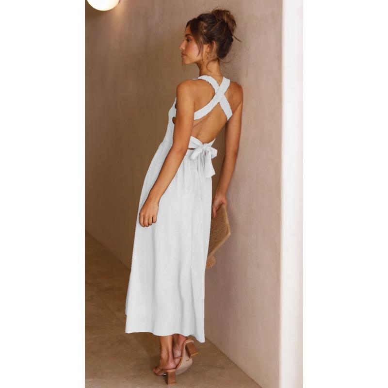 VEZFAA Women's Fashion Summer Spring Solid Color Print Sleeveless Suspenders High Waist Casual Dresses