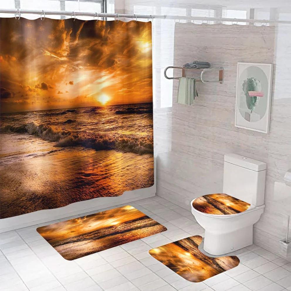 3D Seascape Beach Theme Shower Curtain Sets Toilet Cover Bath Mat Carpet Rugs Bathroom Drapes Shower Curtain Set With Hooks