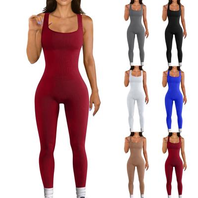 Kadın Günlük Düz Renk İplikli Kare Yaka Tulum Kolsuz İnce Yoga Tulumu