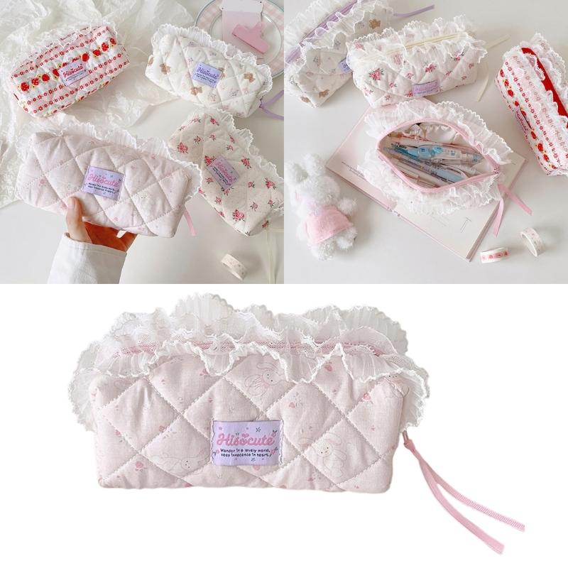 Quilted Pencil Pouch Bag Zippers Pen Case with Lace Trim, Stationeries Organizers for Students, Desk and School Bag Carry