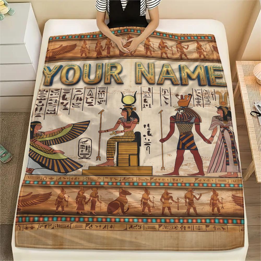 1PC Custom Name Golden Egyptian Pharaoh Patterned Flannel Blanket Suitable For All Seasons for Home Decor Warmth and Comfort Gifts Holiday Present_lx