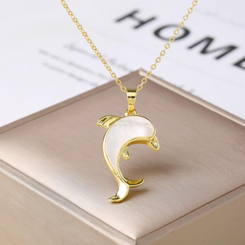 Trendy Marine Animal Dolphin Necklace Gold Copper Plated Abalone Shell Dolphin Choker Minimalist Beach Zircon for Women Gift