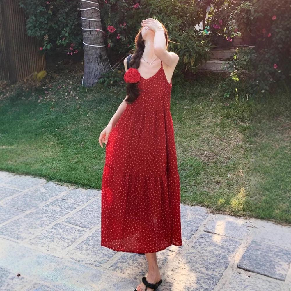 Spring 2025 French Floral Red A-line Spaghetti Strap Dress for Women