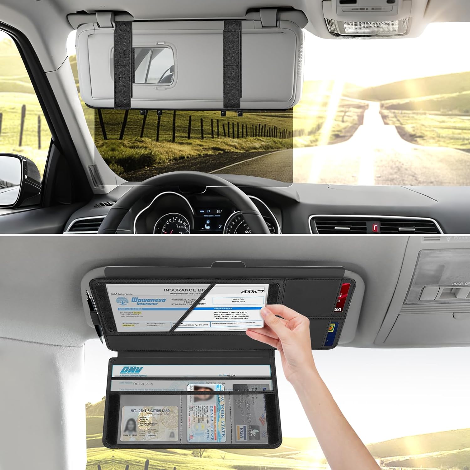 Sun Visor Extender For Car With Registration And Urance Holder, 2-In-1 Polarized Car Visor Extender With Registration Holder, Auto Sun Shade