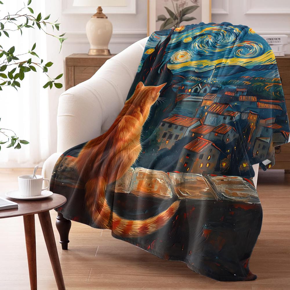 Starry Night And The Cat Throw Soft Flannel AC Blanket Lightweight Summer Nap Throw Cozy  Blanket for Sofa Bed Travel Home