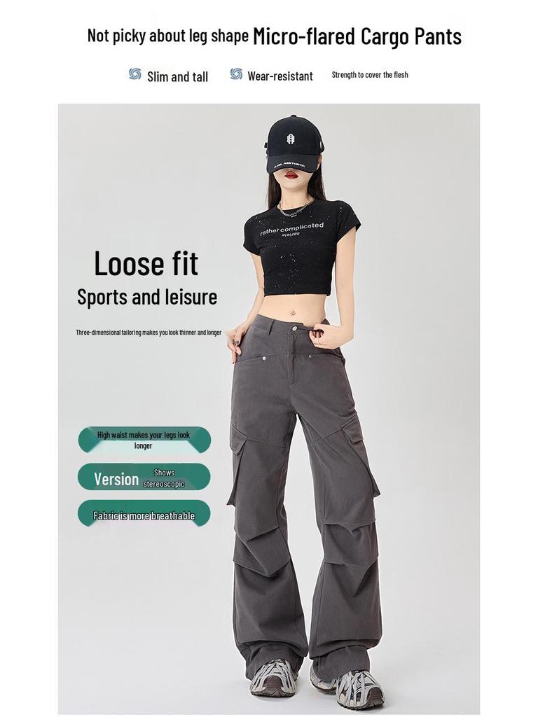 Women's Retro Multi-pocket Cargo Flare Pants - Cool, Loose Streetwear Pleated Style