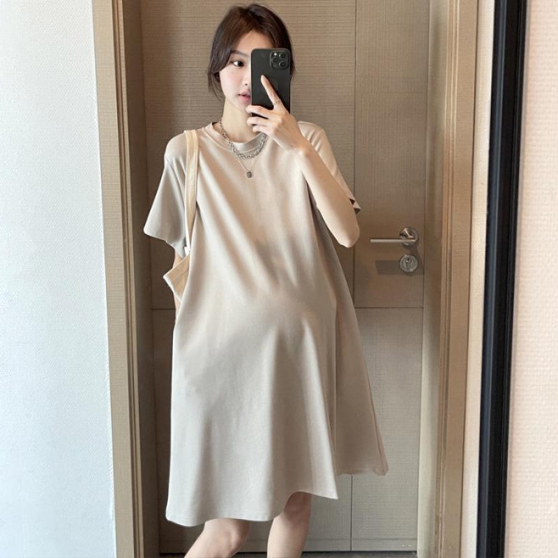 

Summer Maternity A-line T-shirt Dress - Deep Gray, Loose Fit, Belly Covering, Short Sleeves, Petite Slimming, Solid Color M [43-50 kg]