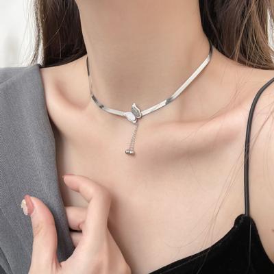 Real S925 Silver Jewelry Woman Necklace Flat Snake Bone Chain Trend Simple Tassel Butterfly Clavicle Chain
