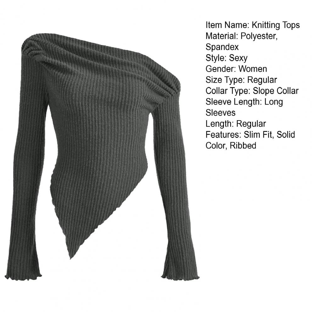 Women Knitting Tops Sexy Sloped Shoulder Collar Irregular Hem Pullover Tops Solid Color Ribbed Blouse