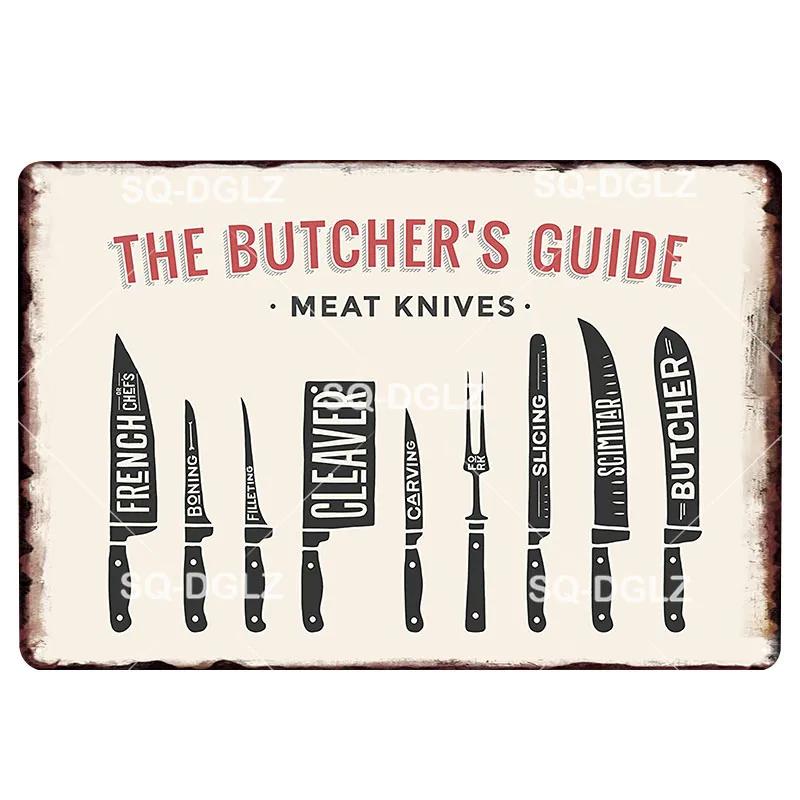 Hisun Tin Sign Vintage Butchers Guide Meat Cuts Metal Tin Sign Set Retro Butcher Shop BBQ Wall Art Decor for Kitchen Restaurant Bar Rustic Iro