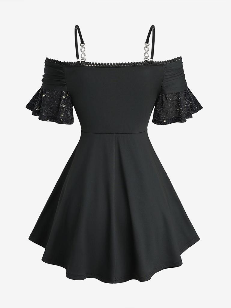 Rosegal Plus Size Star Stamping Lace-up Lace Trim Cold Shoulder Ruffles Top