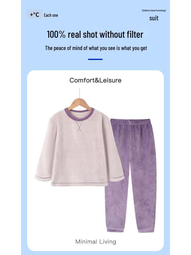 Unisex Fleece-Lined Children's Flannel Pajama Set for Autumn and Winter