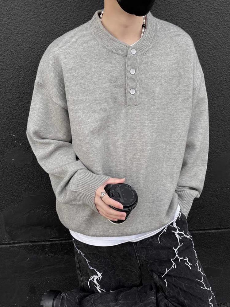 Men's High-End Retro Henley Collar Long Sleeve Knit Sweater for Autumn and Winter