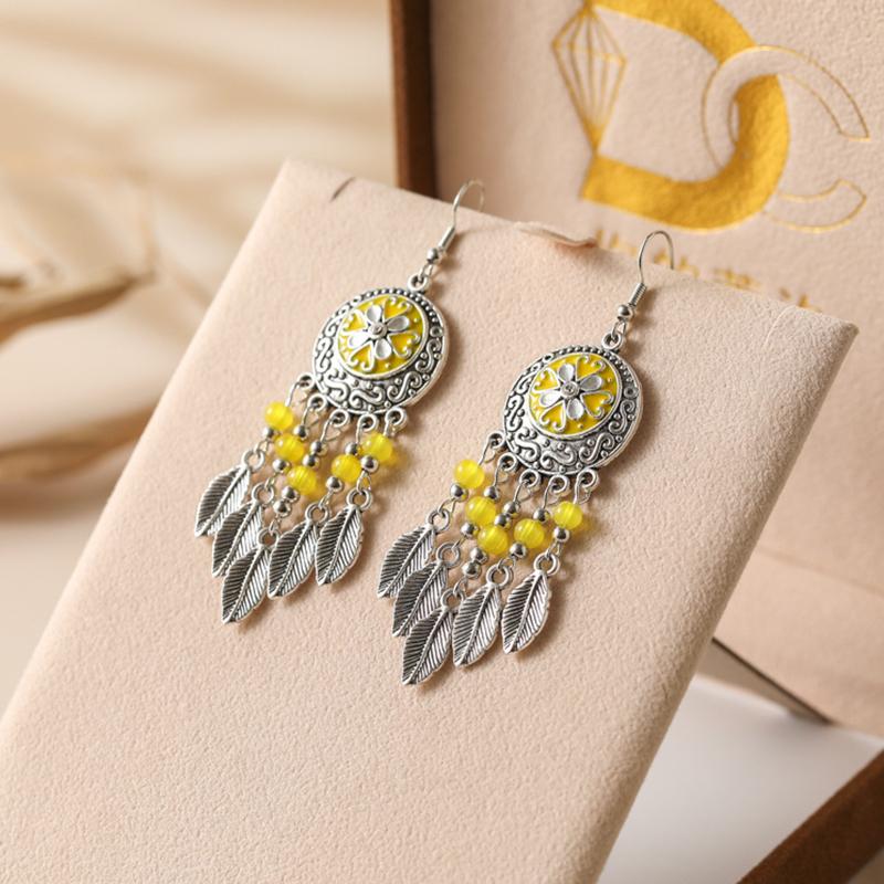Vintage Ethnic Crystal Bead Leaf Dangle Earrings for Women Silver Color Carved Handmade Earring Female Pediente Bijoux