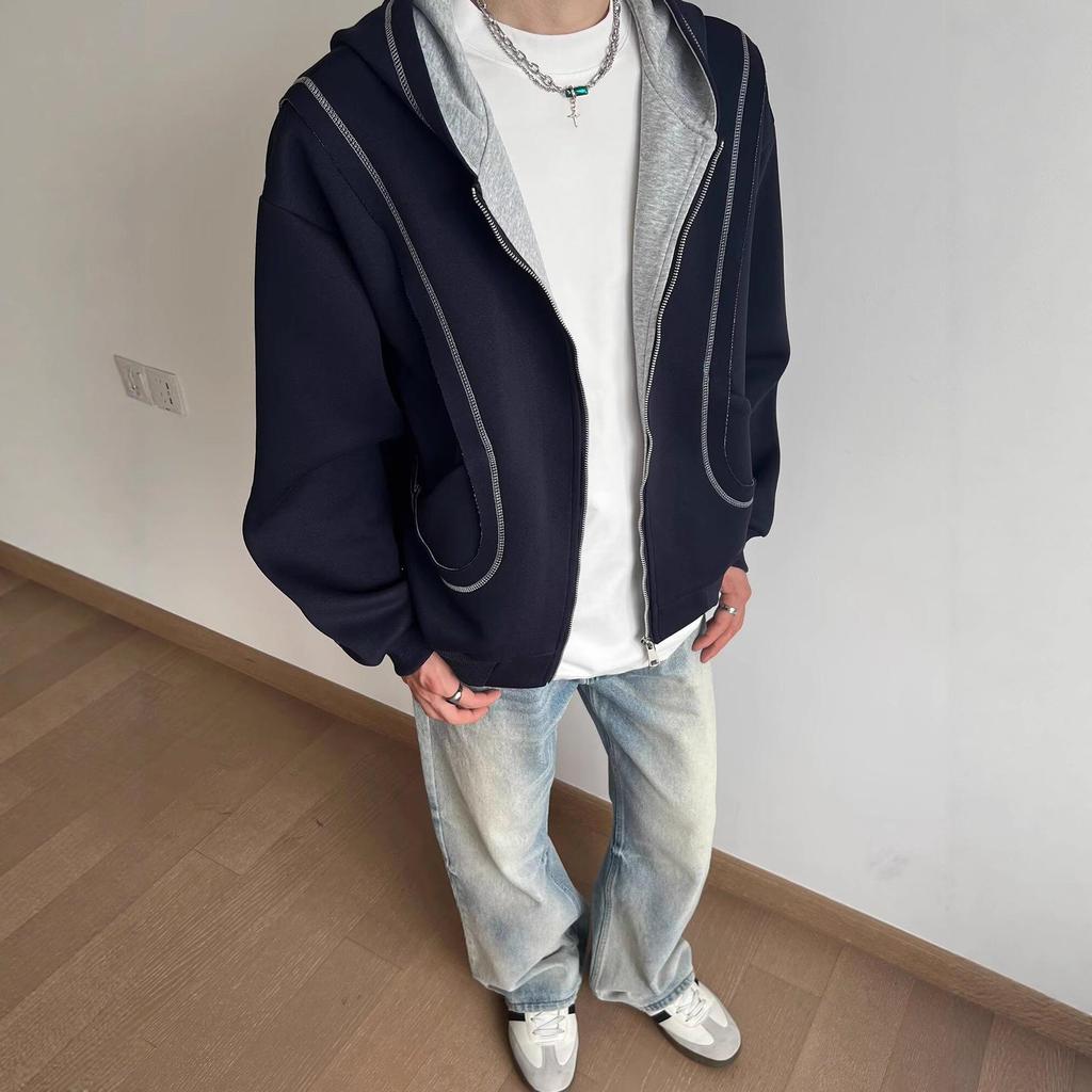 Autumn 2025 Color Block Unisex Korean Style Cardigan Hoodie - Trendy, Age-Reducing Casual Jacket