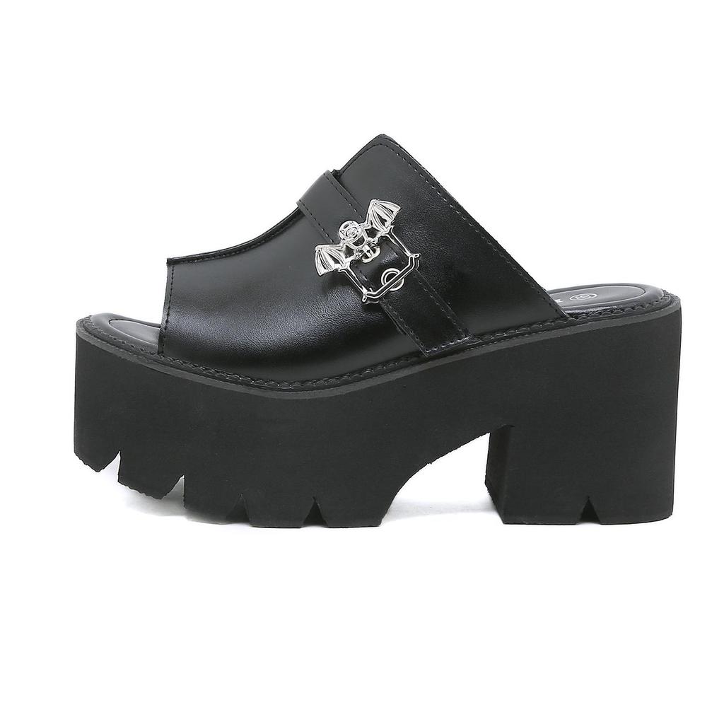 Gdgydh Goth Bat Buckle Mule Sandals for Women Heel Open Toe Thick Platform Summer Shoes Sligbacks Plus Size Black Slip On