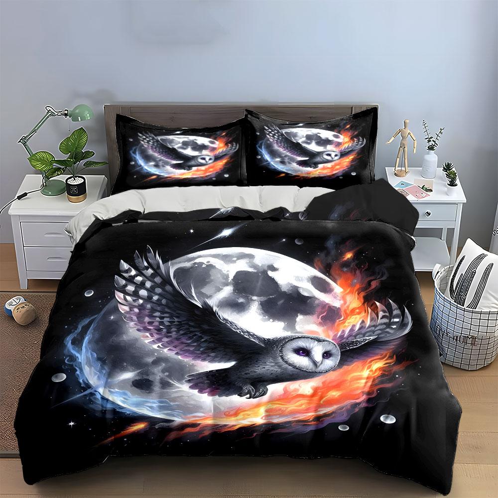 Moonlight Owl Art Set Soft Comfortable Duvet Cover Bedding Set Included 1*Duvet Cover & 2*Pillowcases, Gift