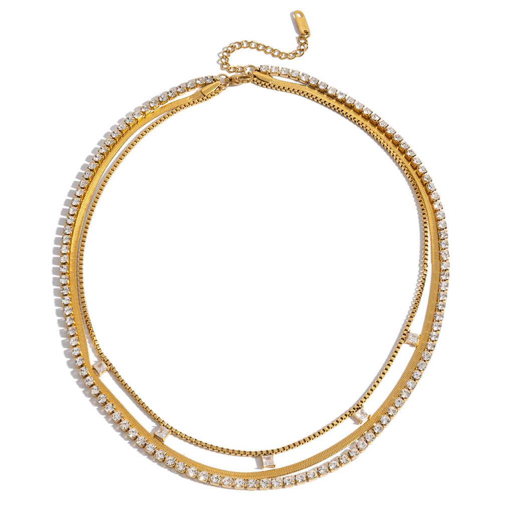 Classic design, 18K gold square white zirconium pendant, diamond chain, blade chain, three-layer necklace jewelry