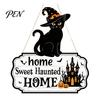 Halloween Party Supplies Wooden Welcome Door Sign, Black Cat Ghost Pumpkin Hanging Decor Spooky Home for Porch, Rustic Farmhouse Ornament Indoor