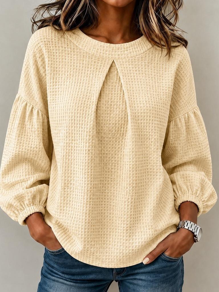 Women's Waffle Solid Color Top Shirt European and American Lantern Sleeves Round Neck Simple Long Sleeves