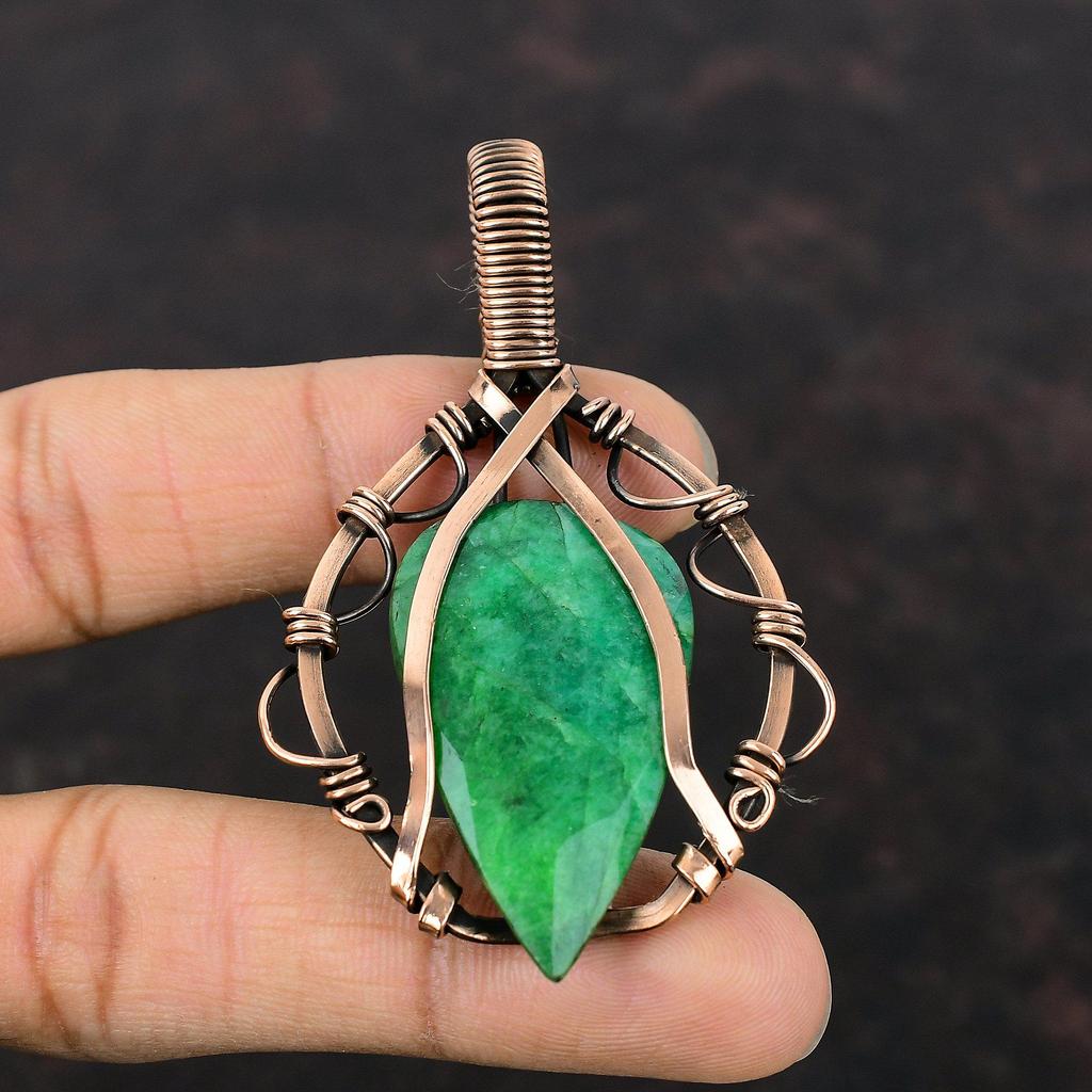 Faceted Zambian Emerald Pendant Copper Wire Wrapped Pendant Copper Jewelry Gemstone Pendant Wire Wrap Jewelry Handmade Pendant Gift For Wife